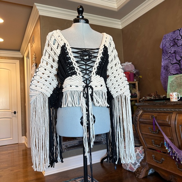 Boho Fringe Sweater - Black and Cream Handmade Original GoodVibeGoda Piece - Picture 4 of 16